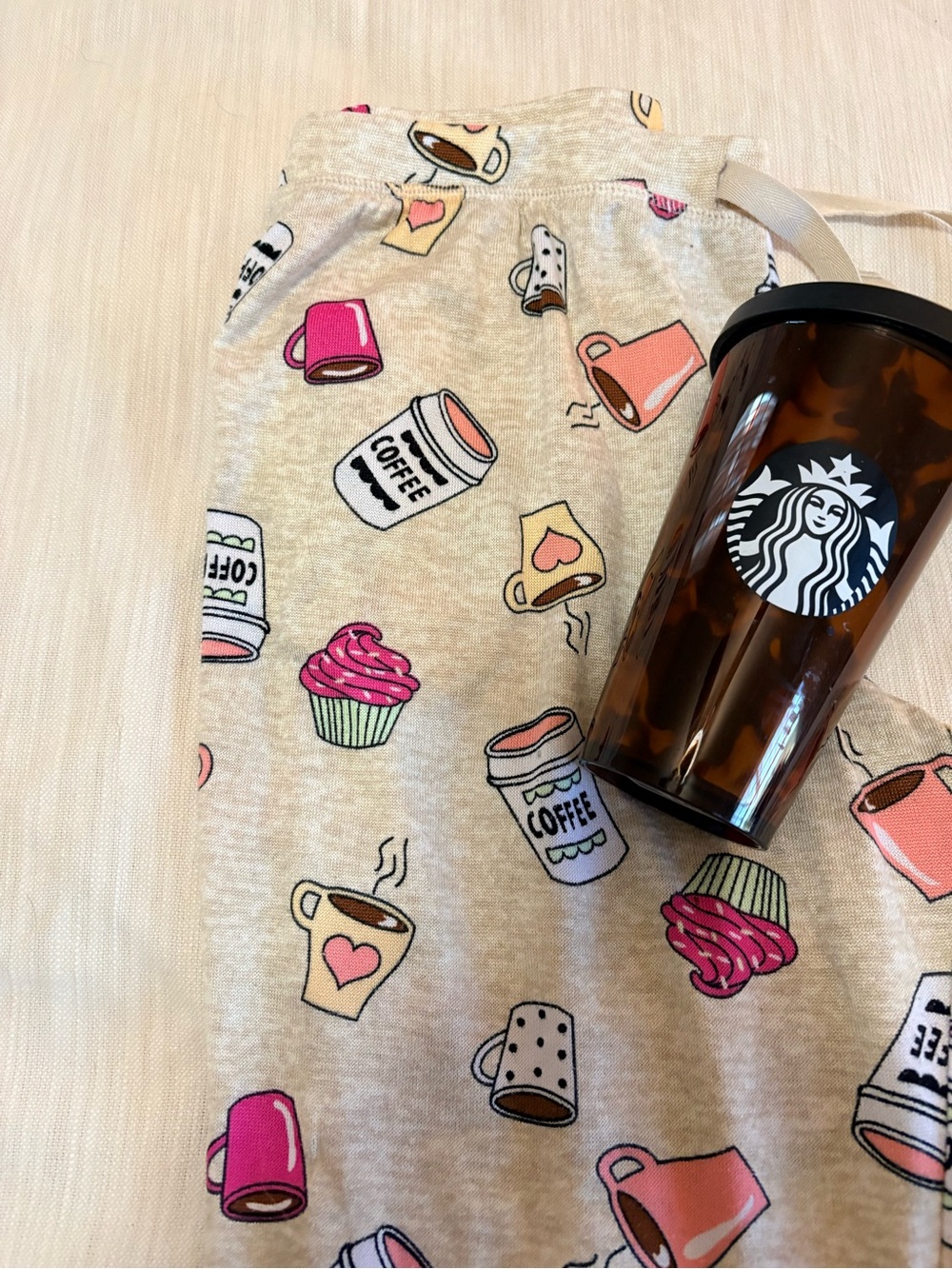 Ladies pj’s pants Beige Coffee & Cup  size L &  Starbucks tumbler(new)